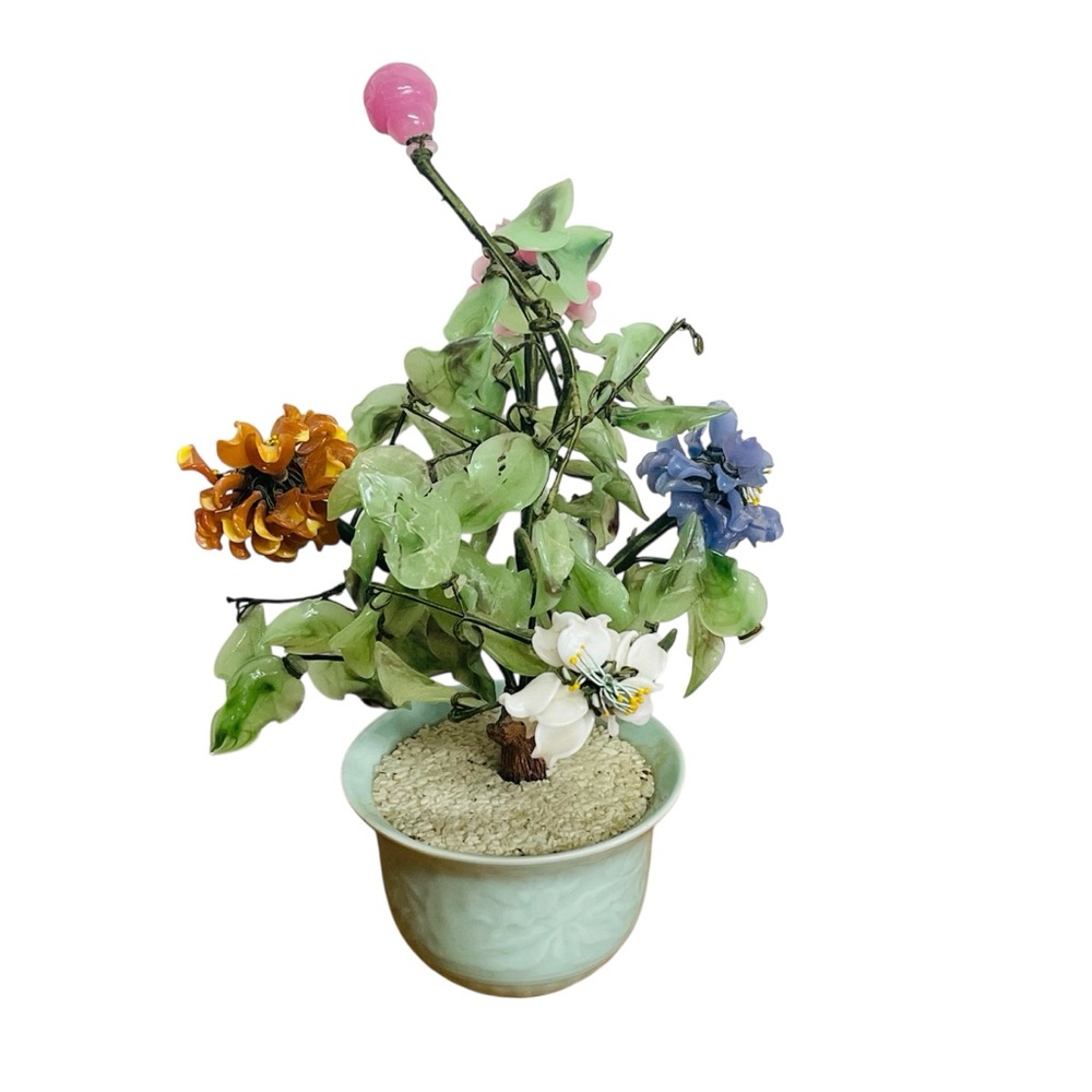 Vintage Italian Jade Color Glass Flowering Bonsai Tree Home Office Accent Decor